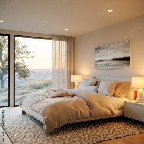 Cozy Bedroom With Warm Light and Soft Bedding Near a Large Window During Sunset