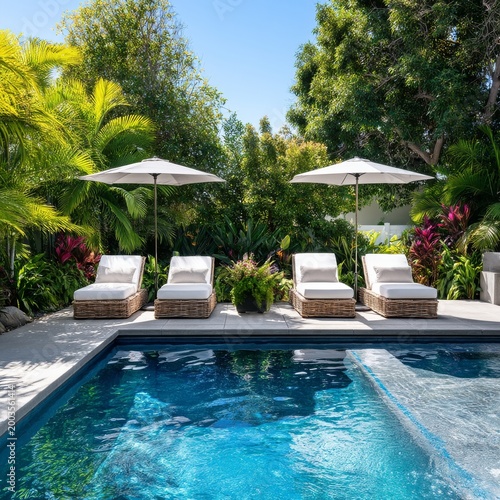 Sunny Day by the Pool With Loungers and Umbrellas in a Tropical Garden Setting