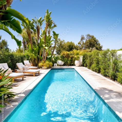 Sunny Day by the Pool With Loungers and Umbrellas in a Tropical Garden Setting