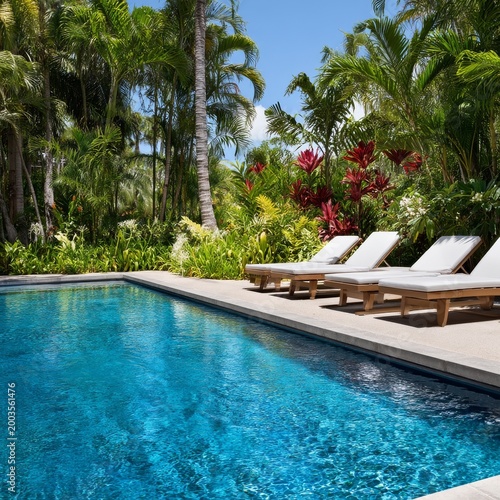 Loungers Near Swimming Pool Surrounded by Tropical Plants in Sunny Location