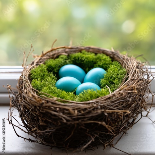Nest With Blue Eggs Sits on a Windowsill Surrounded by Green Moss