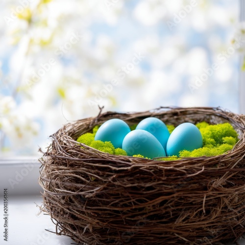 Colorful Eggs in a Nest Placed Near a Window With Flowers in the Background D...