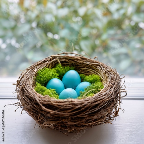 Colorful Eggs in a Nest Placed Near a Window With Flowers in the Background D...