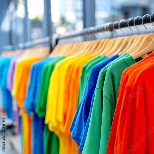 Colorful T-Shirts Lined up on Hangers in a Clothing Store During Daytime