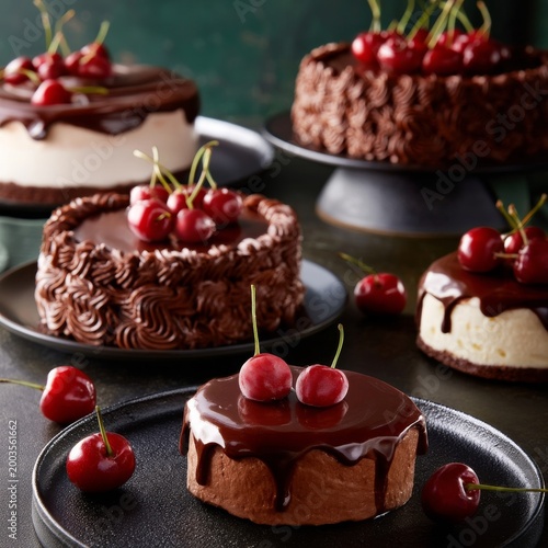Various Types of Chocolate Cakes With Cherries Displayed on Black Plates in a...
