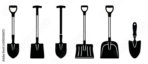 Shovel Icon Set Gardening Tools Collection Black Vector Symbols for Agriculture and Construction Equipment Design Isolated on White Background for Professional Landscaping and Earthwork Industry Proje