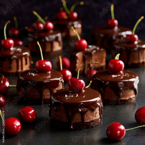 Delicious Chocolate Cakes With Cherries on Top Arranged on a Table for Dessert