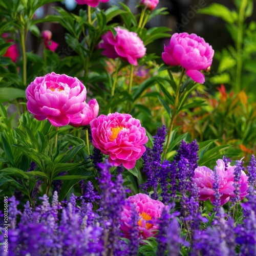 Bright Peonies and Purple Flowers Bloom in a Garden During Sunny Spring After...