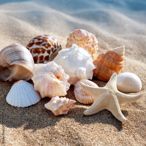 Colorful Seashells and Starfish on Sandy Beach by the Ocean in Bright Sunlight