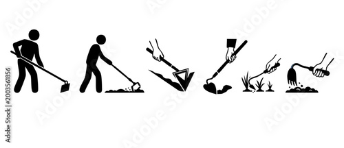Gardening Hoe Tool Icons Set, People Using Hoe to Till Soil and Remove Weeds for Agriculture and Farming Tasks, Vector Illustration of Manual Cultivation Methods for Vegetable Gardens and Plant Care