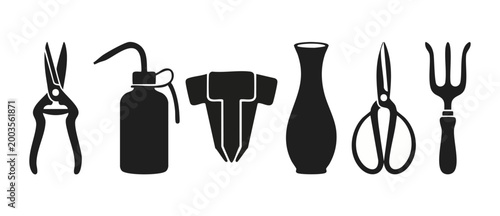 Gardening Tools Icon Set Silhouette, Pruning Shears, Oil Can, Trowel, Flower Vase, Scissors, Hand Fork. Professional horticulture equipment collection for landscaping, farming, and plant care maintena