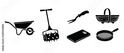 Garden Tools Icon Set, Wheelbarrow Aerator Fork Basket - Farming and Horticulture Equipment Symbols, Minimalist Black Silhouette Collection for Landscaping Projects, Agriculture Supply Graphic Element
