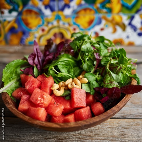 Fresh Salad With Watermelon, Greens, and Nuts in a Bowl on a Wooden Table