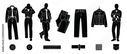 Denim Clothing Icons Set, Jeans and Jacket Fashion Outfits for Men and Women, Vector Silhouette Collection of Casual Apparel, Clothing Elements Including Buttons, Pockets, and Textile Texture Details
