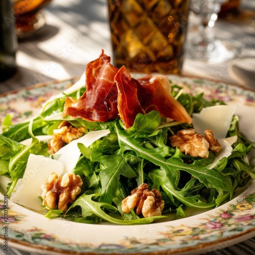 Fresh Salad With Greens, Nuts, Cheese, and Cured Meat on a Table With Drinks
