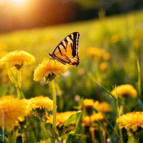 Butterfly Sits on a Dandelion in a Field During Sunset