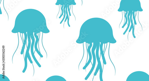Seamless pattern of blue jellyfish silhouettes on a white background