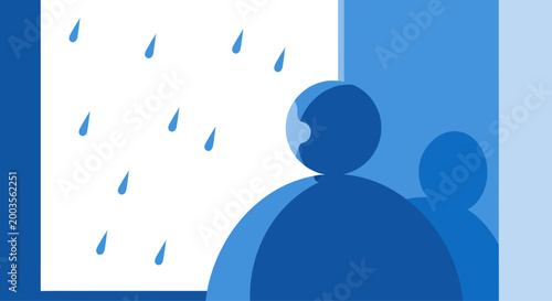 Person looking out window at rain, blue abstract illustration