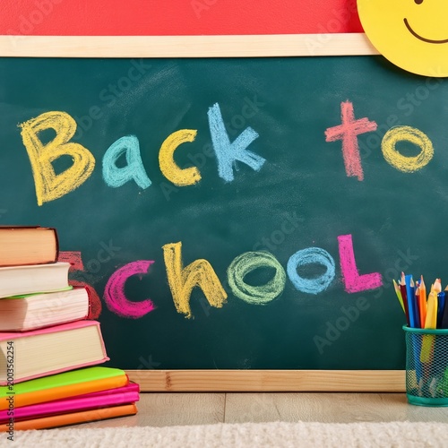 Kids Prepare for a New School Year With Colorful Supplies on a Chalkboard Bac...