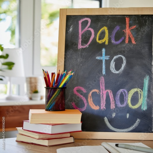 Kids Prepare for a New School Year With Colorful Supplies on a Chalkboard Bac...