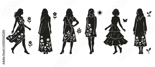 Women Silhouettes In Summer Floral Dresses Set, Elegant Fashion Models Collection In Casual Summer Outfits With Botanical Elements, Minimalist Black And White Vector Illustration Icons For Design Proj
