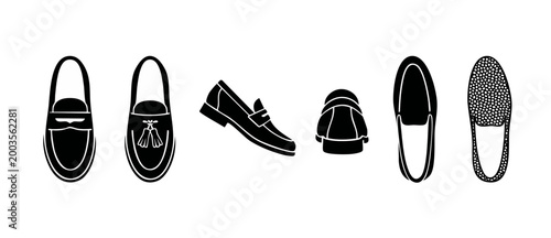 Loafers shoes icons set collection, leather moccasin footwear silhouettes for fashion design, top and side views of classic slip on footwear, minimalist black vector shapes isolated on white backgroun