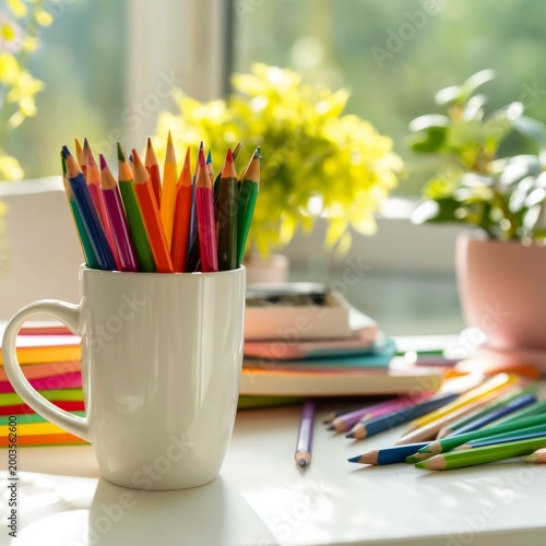 Colorful Pencils and Plants on a Desk Near a Window During the Day