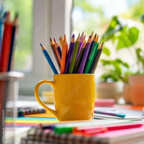 Colorful Pencils in a Yellow Mug on a Desk in a Bright Room During the Day