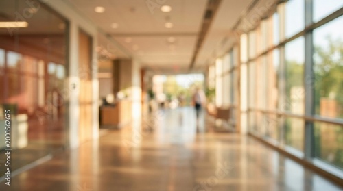 Empty hospital hallway with large windows and warm sunlight, soft focus blur, modern clinic interior, clean floor reflections, healthcare environment, minimal background