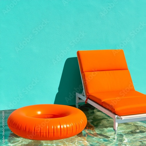Bright Orange Lounge Chair by the Pool With a Colorful Wall in the Background
