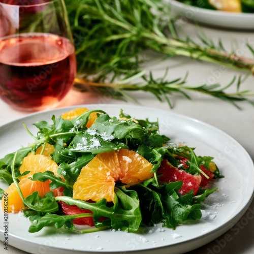 Fresh Salad With Oranges and Arugula Served With a Drink on the Table