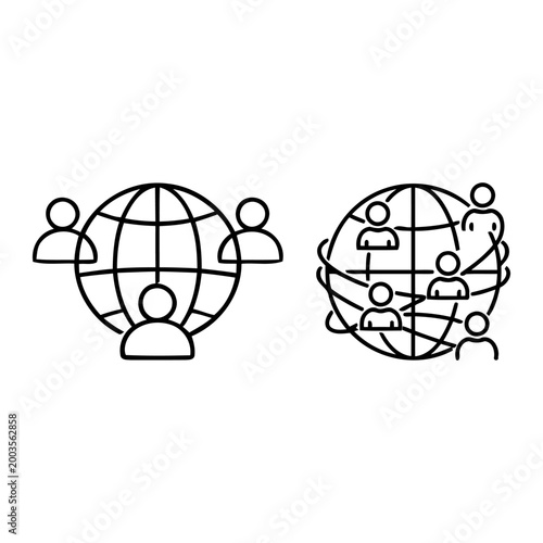 Global workforce and international business team icon set black line art vector silhouettes of workers with world globe for global logistics and worldwide networking