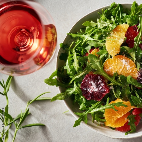 Fresh Salad With Oranges and Blood Oranges Served With Rose Wine in a Bright ...