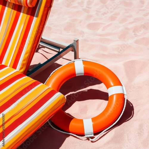 Lifebuoy Next to Striped Beach Chair on Sandy Shore at a Sunny Location