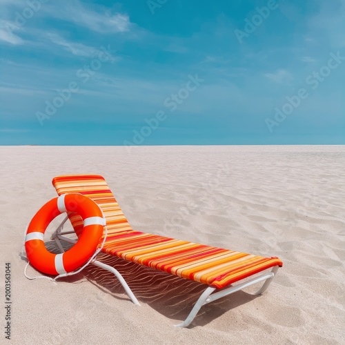 Lounge Chair and Buoy on a Deserted Beach Under a Blue Sky