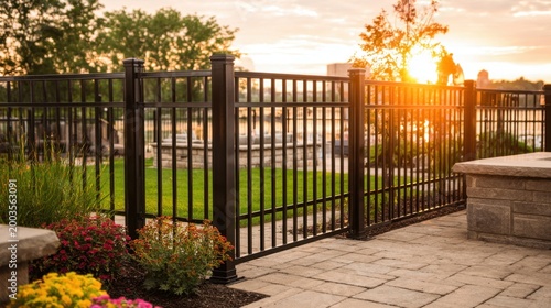 Elegant Black Powder-Coated Aluminum Fence Securing a Beautiful Outdoor Property with Warm Sunset Illumination