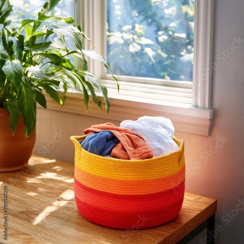 Pile of Clean Clothes in Woven Basket Near Window With Sunrise in the Background