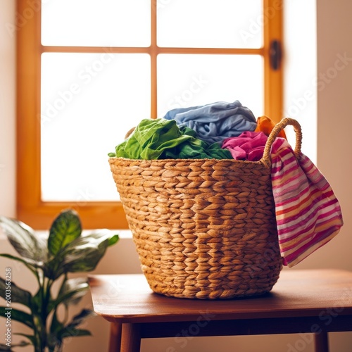 Colorful Basket With Fabric Sits on a Window Sill Filled With Sunlight and Gr...