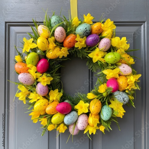 Colorful Easter Wreath With Eggs and Flowers on a Home Door