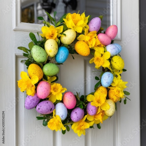 Colorful Easter Wreath With Flowers and Eggs on a Front Door in Springtime