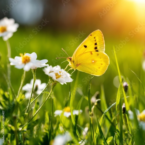 Butterfly Sits on White Flowers in a Green Field During Sunny Day