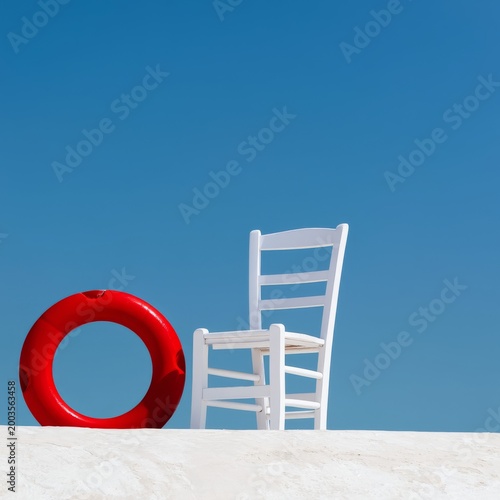 White Chair and Red Lifebuoy Placed Against Clear Blue Sky at Coastal Location