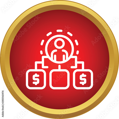Person icon distributing money to subordinate boxes in a hierarchy on red background