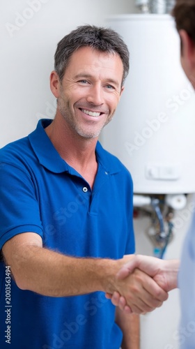 Male technician shaking hands with client in front of water heater