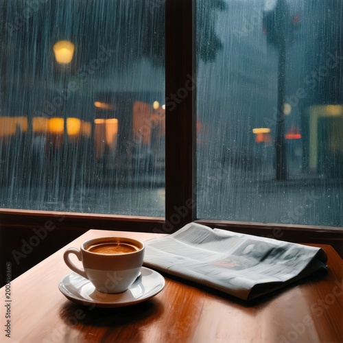 Warm Coffee Cup on a Newspaper by the Window During a Rainy Day