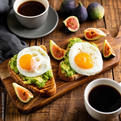 Breakfast of Eggs on Toast With Avocado and Fresh Figs Served With Coffee in ...