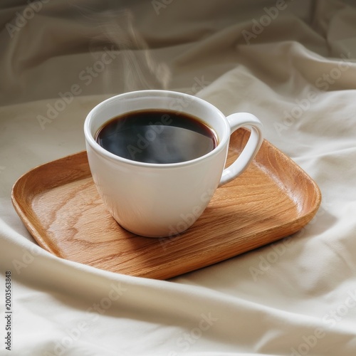 Coffee Cup on Wooden Tray With Steam Rising in a Cozy Setting During Morning ...
