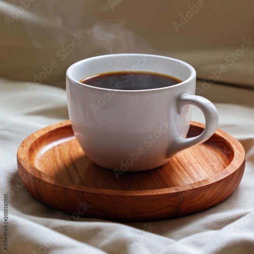Coffee Cup on Wooden Tray With Steam Rising in a Cozy Setting During Morning ...