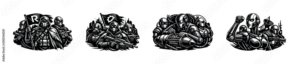Naklejka premium Futuristic soldier illustrations featuring robotics and armed figures in black and white vector style