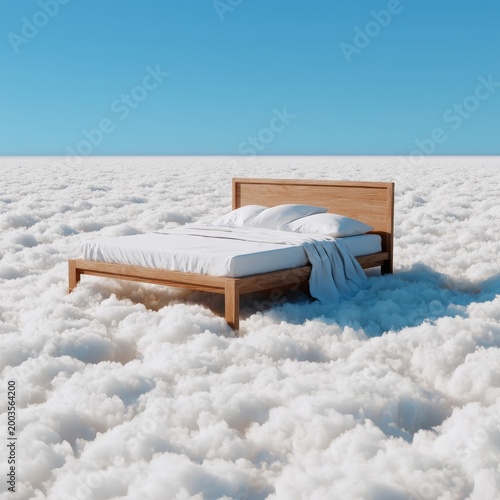 Bed Placed on Clouds in a Dreamy Scene During Daylight